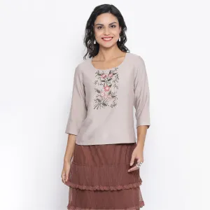 Beige Top With Flower And Button Embroidery