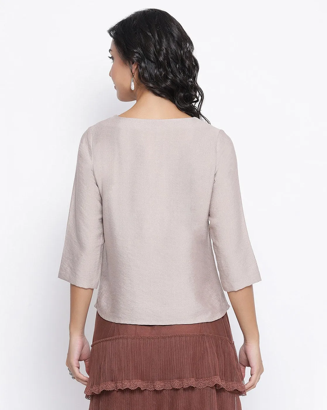 Beige Top With Flower And Button Embroidery