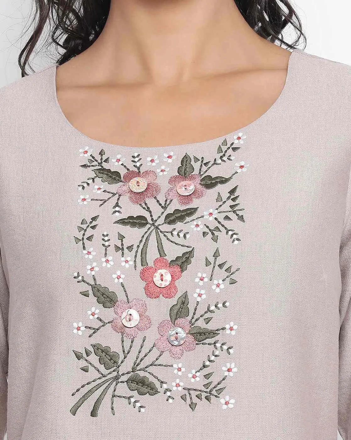 Beige Top With Flower And Button Embroidery