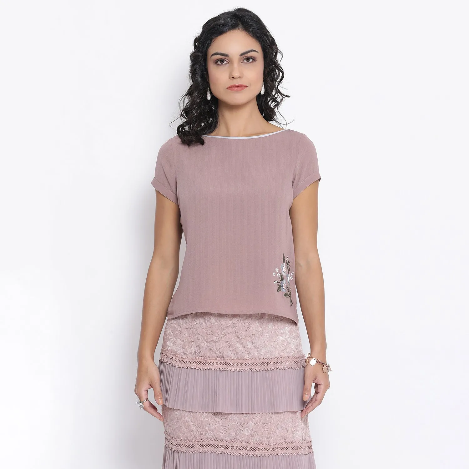 Rose Pink Boat Neck Top With Button Embroidery