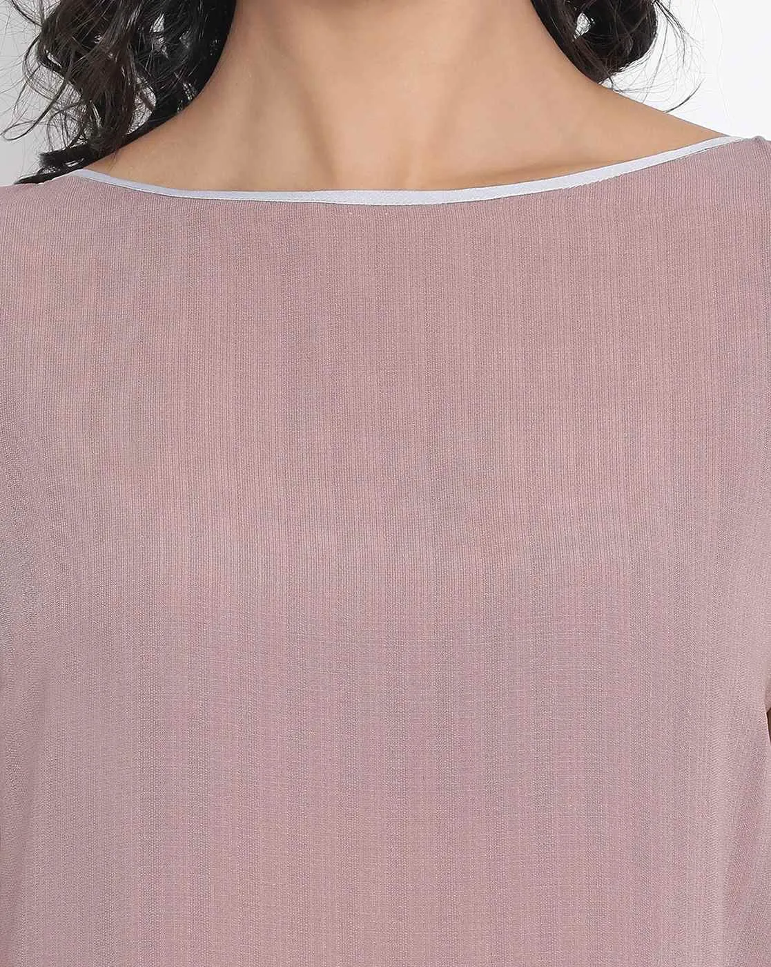Rose Pink Boat Neck Top With Button Embroidery