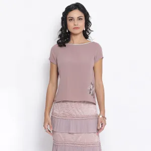 Rose Pink Boat Neck Top With Button Embroidery