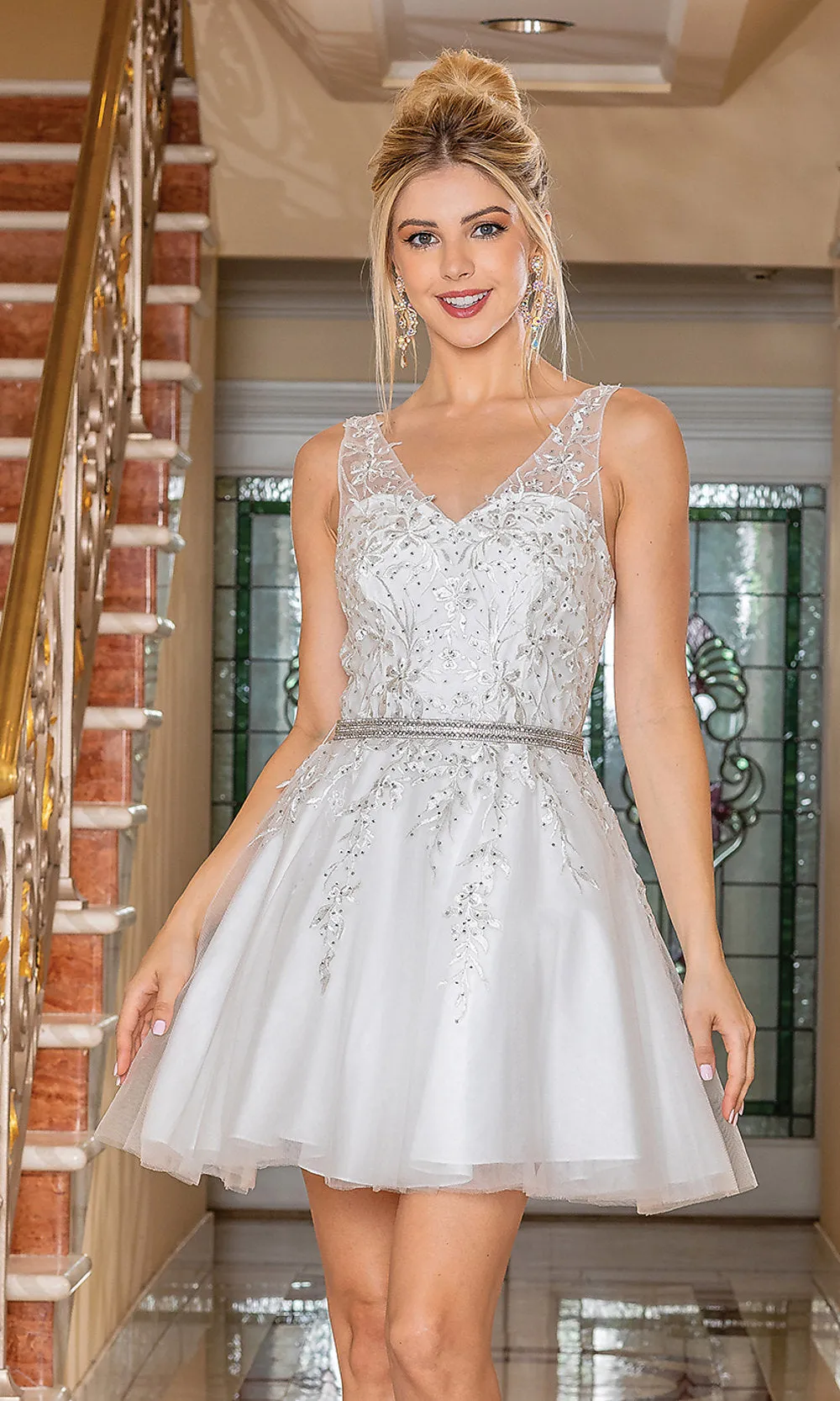 Sheer-Bodice Babydoll Short Semi-Formal Dress